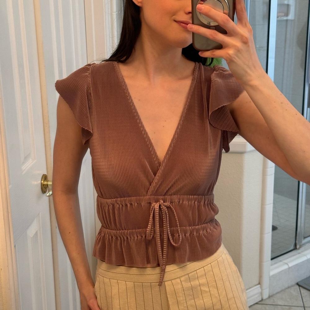 ZARA Women’s Rust Brown V-Neck Ruffled Sleeve Wrap Top